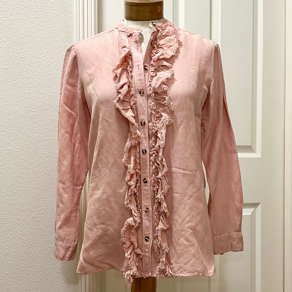 Anthropologie Pilcro Oversized Pink Linen Collarless Ruffled Button Down - XS